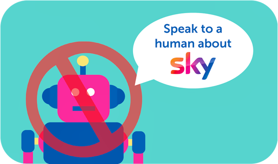 Illustration of a robot with a speech bubble saying 'Speak to a human about Sky'