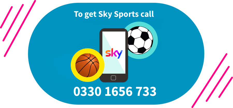 Illustration of a football, basketball and phone showing the Sky contact number to get Sky Sports: 0330 1656 733