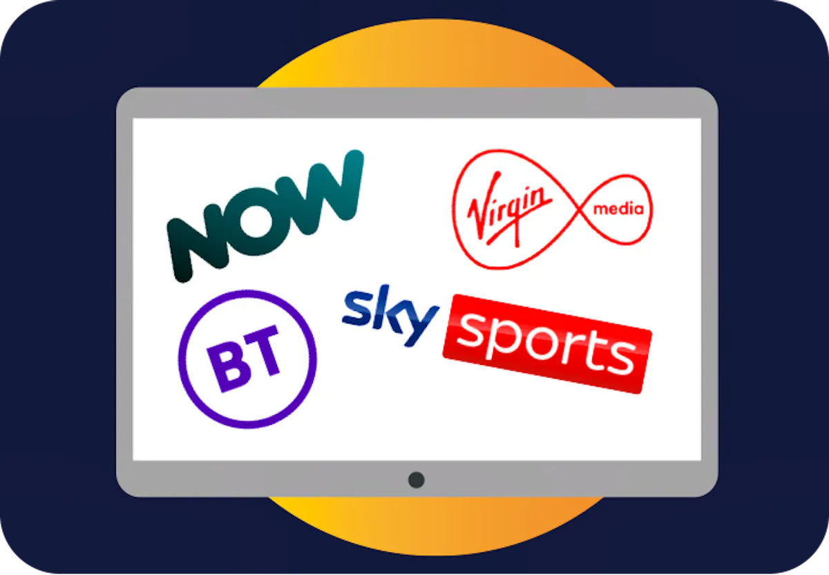 Sky Sports, NOW, BT and Virgin Media logos on a TV screen.