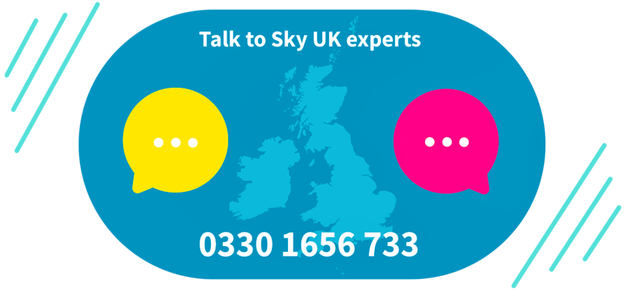 Illustration of speech bubbles either side of a UK map, above the Sky UK experts phone number 0330 1656 733.
