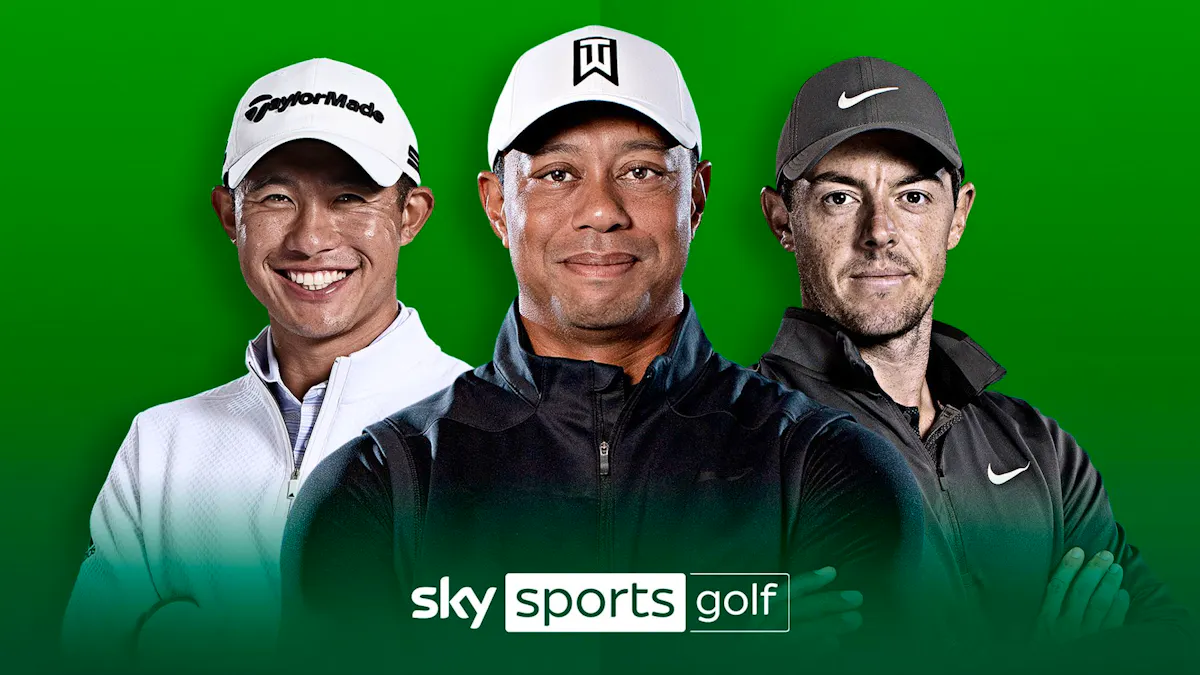 Collin Morikawa, Tiger Woods and Rory McIlroy on a poster for Sky Sports Golf.
