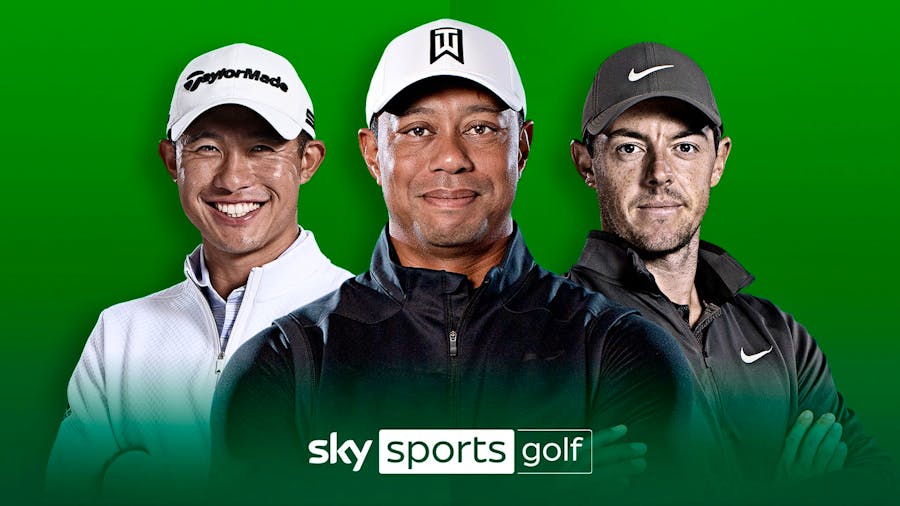 Collin Morikawa, Tiger Woods and Rory McIlroy on a poster for Sky Sports Golf.