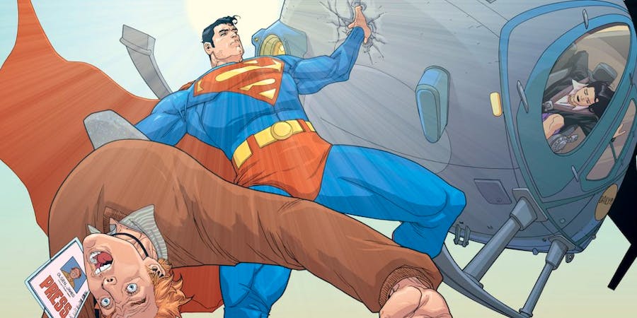 Superman catches a falling helicopter, and a terrified Jimmy Olsen