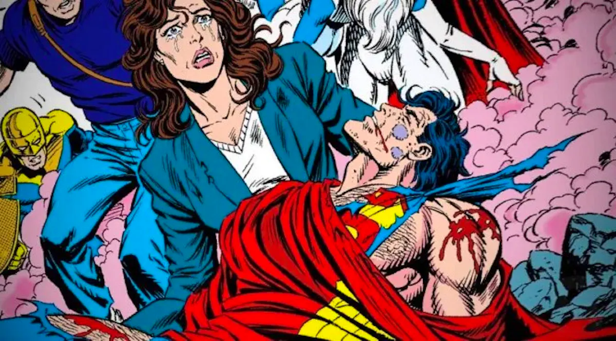 Superman, bloodied and beaten, lies lifeless in the arms of a distraught Lois Lane