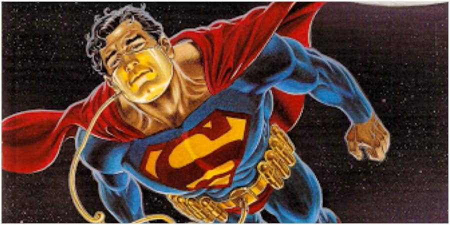 Superman flies through space hooked up to a breathing apparatus