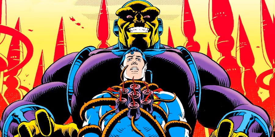 Superman, wrapped in the vines of a Black Mercy plant, watched over by a grinning Mongul