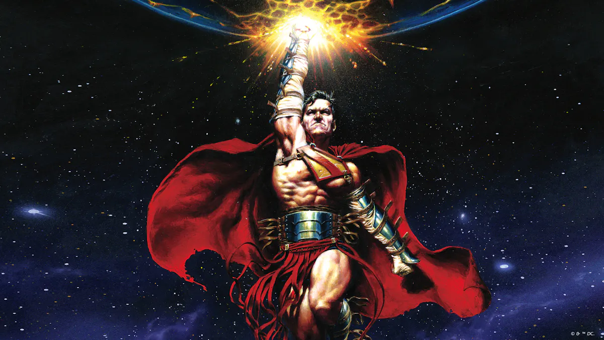 A musclebound Superman in a makeshift, Gladiator-style version of his costume, raising his fist against a backdrop of stars