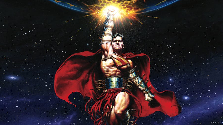 A musclebound Superman in a makeshift, Gladiator-style version of his costume, raising his fist against a backdrop of stars