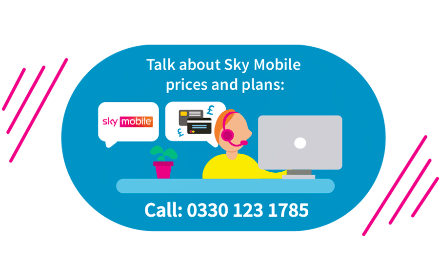 Illustration showing a Sky call centre agent talking to a customer about Sky Mobile, followed by phone number 0330 123 1785.