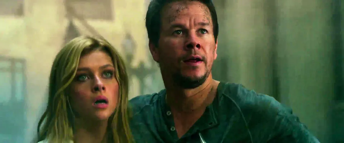 Mark Wahlberg and Nicola Peltz looking concerned