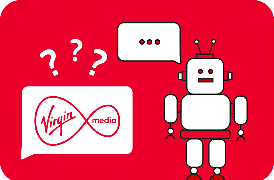 Illustration of a talking robot alongside the Virgin Media logo.