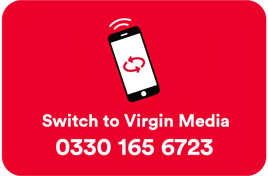 A phone with a 'switch' symbol and the phone number to switch to Virgin: 0330 165 6723