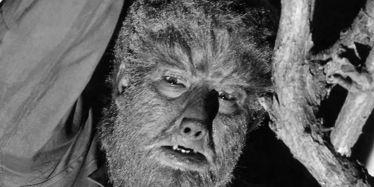The classic Lon Chaney Jr incarnation of the Wolfman, a hairy, pug-nosed monster man 